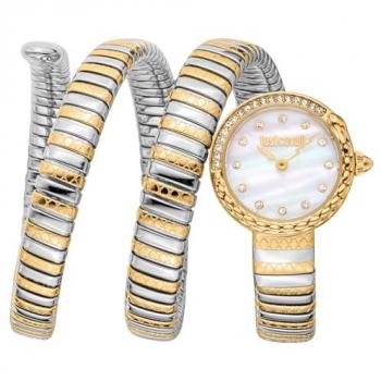 Reloj de Pulsera Just Cavalli Signature Snake Mujer - Correa de Acero Inoxidable Oro Amarillo y Dial de Nácar Blanco Antiguo, Analógico