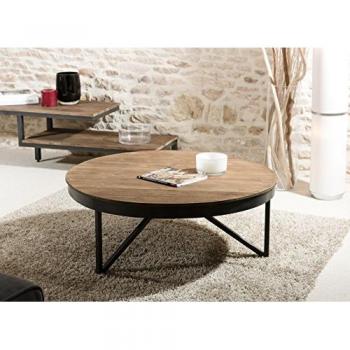 Mesa de centro redonda de teca reciclada con patas de metal negro D90 - Estilo industrial