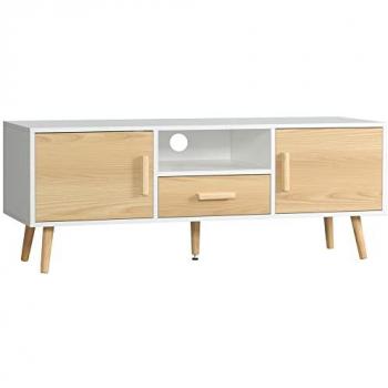 Mueble TV Escandinavo con Soporte para Televisión de hasta 46 Pulgadas, 1 Cajón, 2 Armarios, 1 Nicho y Pasacables - 120 x 37 x 45.5 cm