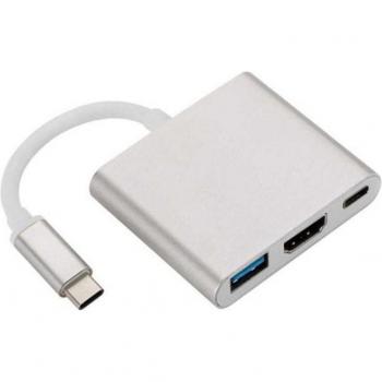 Adaptador Multipuerto USB-C a HDMI/USB 3.0/USB-C, Conversor de Video y Audio, Transferencia de Datos, Tipo C Macho a USB A/HDTV Hembras, Cable Conector Plata