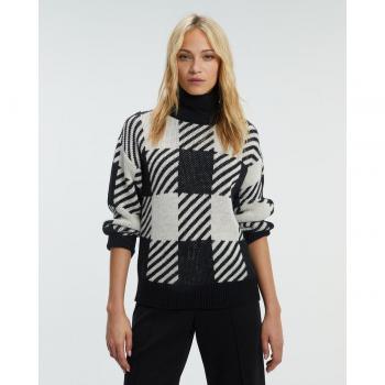 Paz Torras - Jersey de mujer bicolor con cuello alto, manga larga y estampado de cuadros