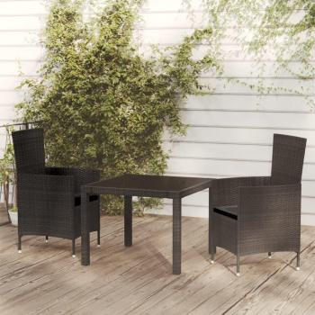 3-Piece Black Poly Rattan Outdoor Dining Set with Cushions