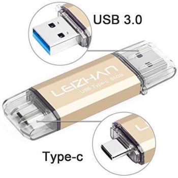 LEIZHAN Memoria USB Tipo C 64GB,Flash Drive USB 3.0 OTG Oro para Samsung S9,Huawei,Portátil,Teléfono y Otras Dispositivos USB o Tipo C-Dorado