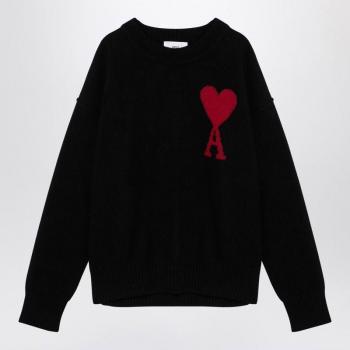 Ami Paris Men's Ami De Coeur Wool Jumper Sweater in Black | Size Large | BFUKS006U018