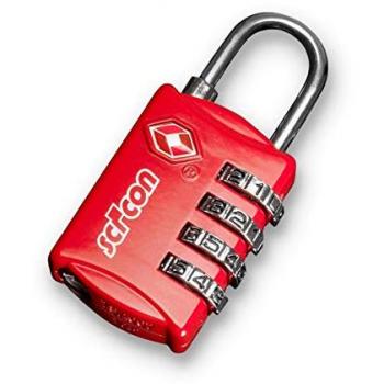Candado Scicon TSA con características de seguridad, diseño plateado y rojo, compatible con sistemas de bloqueo TSA para facilitar el acceso en aeropuertos