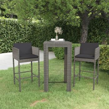 3-Piece Gray Poly Rattan Garden Bar Set with Cushions