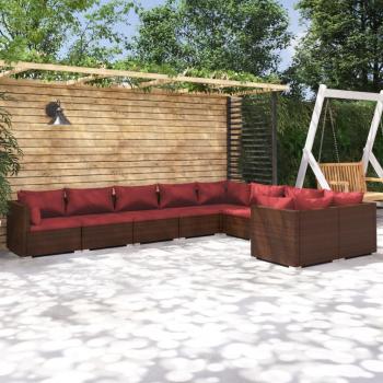 9-Piece Brown Poly Rattan Garden Lounge Set with Cushions