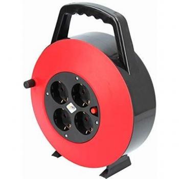 TM Electron TMUAD210 - Cable de alimentación en Bobina Enrollable de 10 Metros con 4 Tomas, Color Rojo