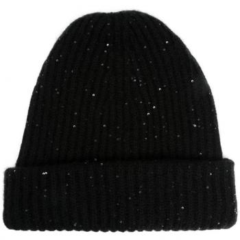 Fabiana Filippi Women's Black Ribbed Knit Beanie Hat with Sequin Embellishments - One Size