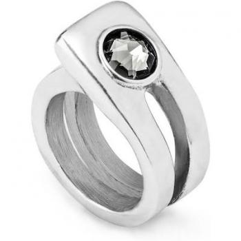 UNO de 50 - Silver-Plated Metal Ring On My Own with Rectangular Link and Gray Faceted Crystal, Size 12, Handmade in Spain