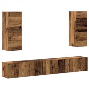 Conjunto de Mueble de TV Montado en la Pared de 4 Piezas en Madera Vieja y Madera Compuesta