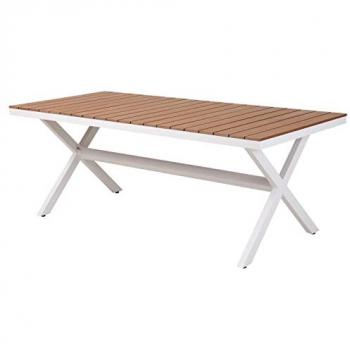 Mesa de Jardín Exterior de Aluminio y Resina, 200 x 90 x 75 cm, Tablero Símil Madera en Blanco