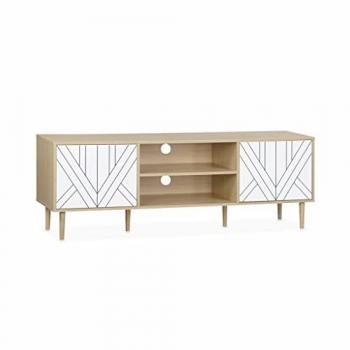 Mueble de TV Efecto Madera Mika Blanco con 2 Niveles y 2 Puertas, 160x40x56 cm
