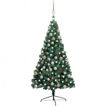 Árbol de Navidad preiluminado con bolas verdes, 240 cm, tipo: medio árbol, incluye luces y bolas verdes