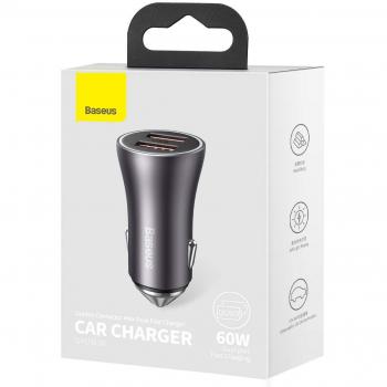 Baseus Cargador de Coche Golden Contactor Max Dual Fast Charger U+U 60W Gris Oscuro