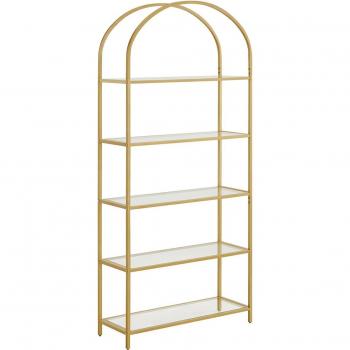 Estantería arqueada de 5 niveles con vidrio templado y marco de acero dorado, ideal para salón, dormitorio, estudio y baño