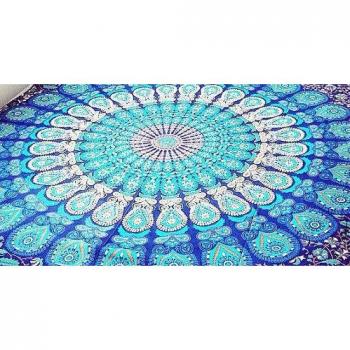 Tela redonda de mandala estilo hippie, cubrecama, 177,8 cm, tela, azul, 70 inch.