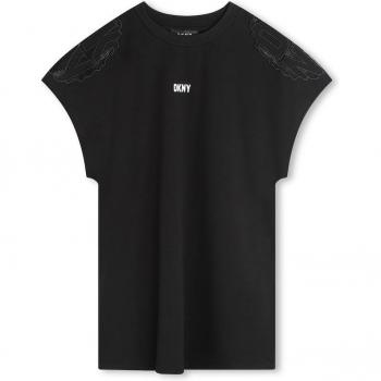 DKNY - Vestido corto de niña en color negro con bordado en los hombros, modelo D60101