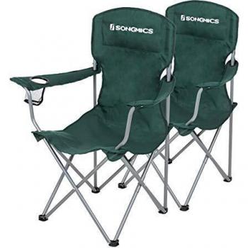 Set de 2 Sillas de Camping Plegables, Respaldo Alto, Apoyabrazos, Capacidad Máxima 150 kg, con Portavasos, Color Verde Oscuro