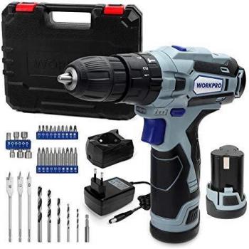 WORKPRO 37PC-Taladro de Impacto, Taladro Percutor Inalámbrico 12V, 2000 mAh, Max.20 Nm,18+ 3 Ajuste de torque,2 velocidades, 2 Paquete de Batería,con luz LED,Ideal para perforación de madera,metal