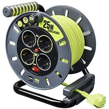Masterplug Pro-XT Enrollacable 25m, Alargador 4 Eschufes Schuko, Extension Electico 3000w, Gris / Verde