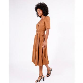 Vestido de manga corta con escote corazón Marrón Talla 42