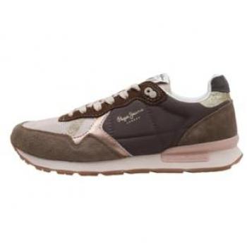 Pepe Jeans Women's Brit Mixt Sneakers - Casual, Metallic Details, Brown