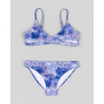 Bikini de niña Losan estampado con top de escote cruzado y diseño tie dye morado