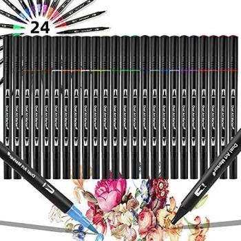 Dapzon Rotuladores Lettering, 24 Colores Rotuladores Punta Pincel Flexibles Nylon , Rotuladores Doble Punta para Caligrafía, Lettering, Bocetos, Punta Pincel para Dibujo