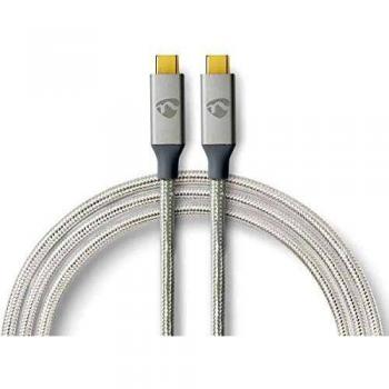Cable USB 3.2 Gen 2x2 | USB-C Macho a USB-C Macho | 20 Gbps | Chapado en Oro | 1.00 m | Trenzado de Nylon | Plata | Caja con Ventana