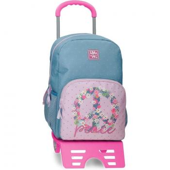 Mochila Escolar Roll Road Peace con Carro, 42 cm, Color Azul y Rosa