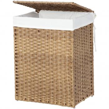 SONGMICS 90L Cesta de la Ropa, Tejida a Mano, Cesta de la Colada de Ratán Sintético con Tapa y Asas, Plegable, Bolsa con Forro Extraíble, Natural LCB51NL