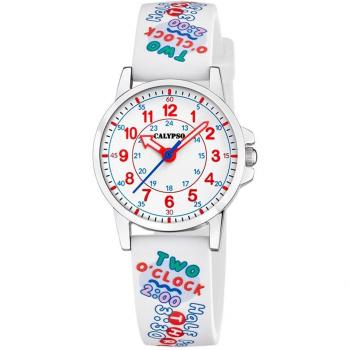 Reloj Calypso K5824/1 Digitana Infantil con Caja de Acero Inoxidable 316L Plateado y Correa de Caucho Blanco