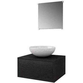 vidaXL Set de Mobiliario de Cuarto Baño 3 Piezas Negro Lavabo Mueble y Espejo