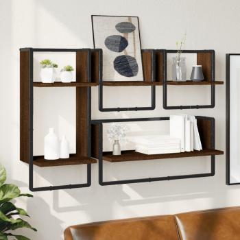 Estantes de pared de madera de ingeniería marrón roble con barras, set de 4 piezas