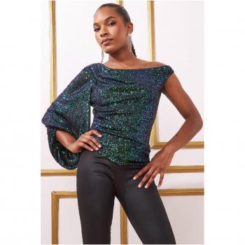 Goddiva Asymmetric Sequin Balloon Sleeve Top - Emerald - Size 10 UK