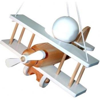Lámpara colgante infantil avión blanca con elementos de madera 15cm H x 33cm W x 29cm D