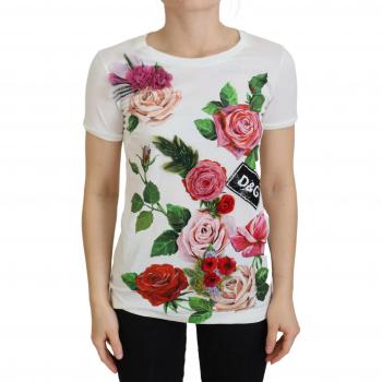 Dolce & Gabbana White Rose DGLogo Printed Short Sleeves Top - IT36|XXS, Size: 3XS, Female T-Shirt