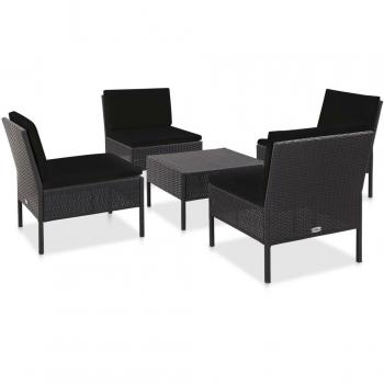 5-Piece Black Poly Rattan Garden Sofa Set with Cushions