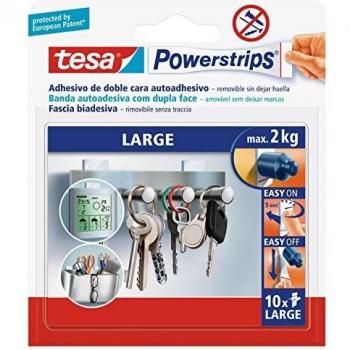 tesa Powerstrips Grande , Tiras Adhesivas Doble Cara adecuadoes para Superficies Planas y Lisas , Para Objetos de hasta 2 kg , Paquete con 10 Powerstrips