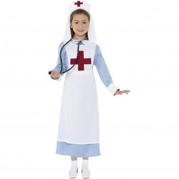 Disfraz Enfermera de la Primera Guerra Mundial para Niñas - Talla 4-6 Años, Vestido Azul con Gorro y Delantal Imitación