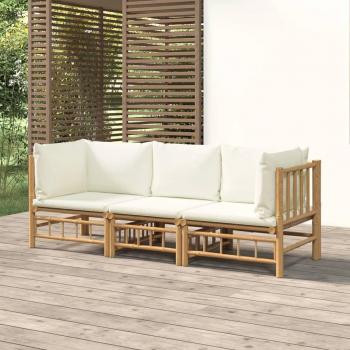 vidaXL 3-Piece Garden Lounge Set with Cream White Cushions and Bamboo Frame