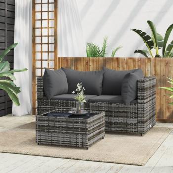 vidaXL 3-Piece Grey Poly Rattan Garden Lounge Set with Cushions