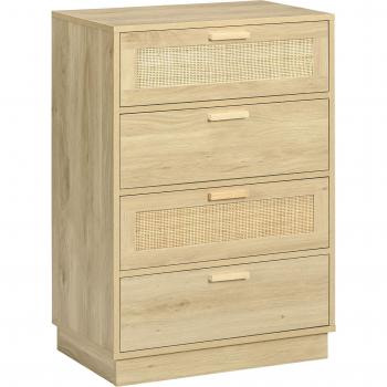 Cómoda de Noche con 4 Cajones de Rejilla de Ratán Cajonera de Madera para Dormitorio Salón Estilo Bohemio 60x38x88,5 cm Natural