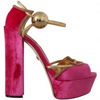 Dolce & Gabbana Pink Velvet Crystal Ankle Strap Sandals Shoes - EU39.5/US9, High Heel Sandals, female, Pink, Size: 9 1/2 US