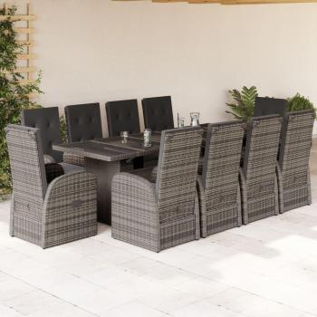 Set de almuerzo de jardín 11 piezas con cojines de polyrattan gris