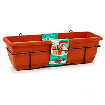 Acan Tradineur - Jardinera para balcón con plato integrado y soporte metálico, 60 x 28 x 19,5 cm, capacidad de 12 litros, fabricado en plástico, color marrón