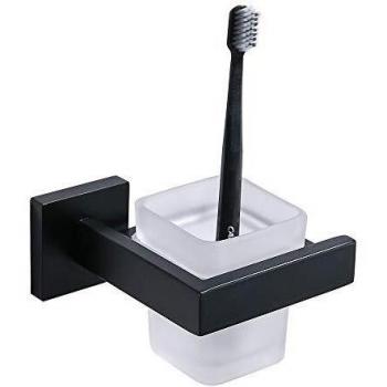 Turs Cuadrado Vaso Titular Copa de vidrio Elegante Baño Hotel Estilo SUS 304 acero inoxidable Portavasos Montaje en pared, Negro mate, Q7SKB-BK
