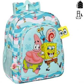 Bob Esponja Mochila Adaptable a Carro Stay Positive 32x38x12 cm - Ergonómica, Acolchada, Bolsillos Laterales Portabotellas, Gran Capacidad, Asa