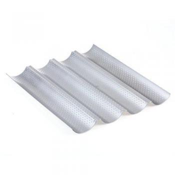 Placa molde perforada y antiadherente para hacer barras de pan al horno, con diseño reversible para galletas y tejas de almendra, acero, 4 baguettes